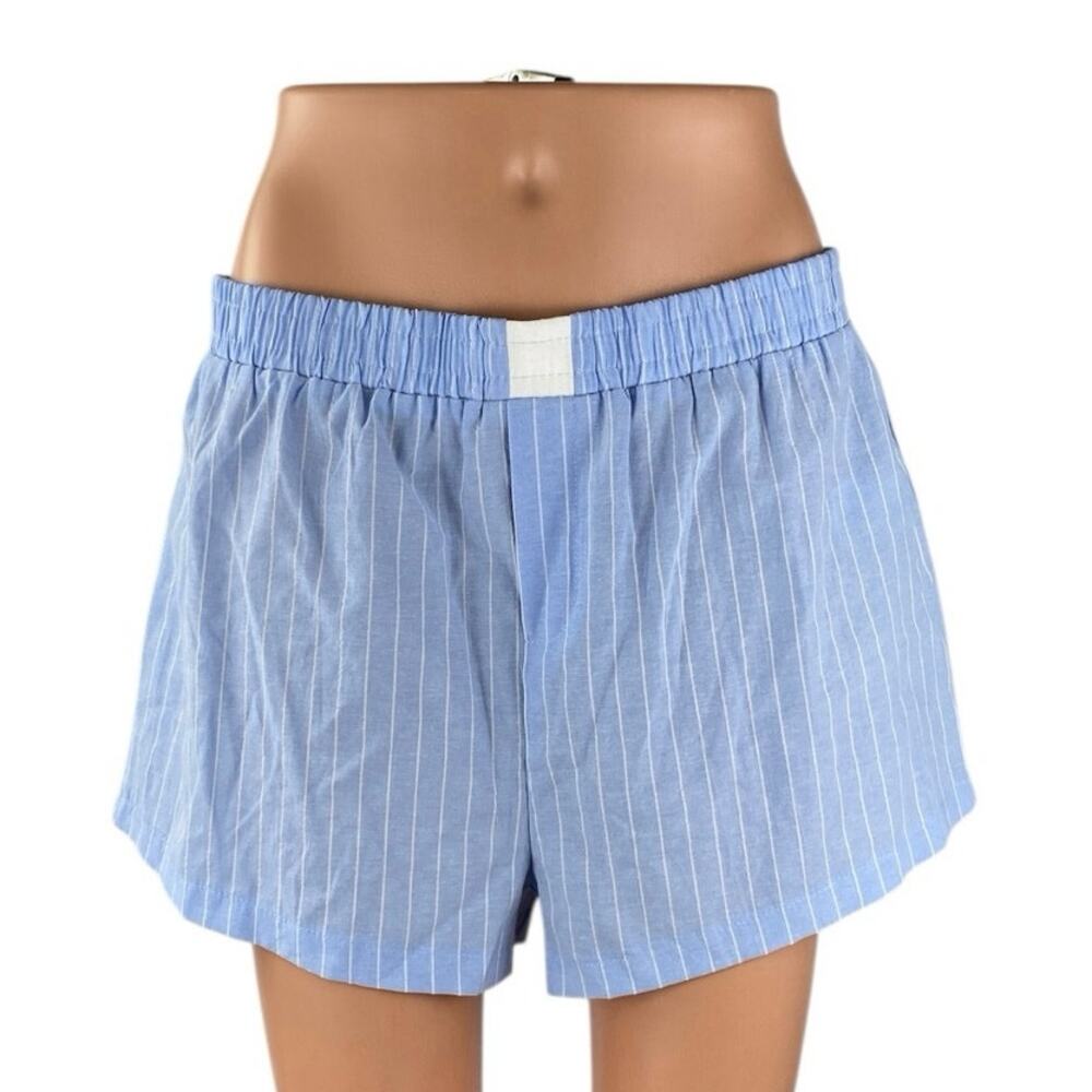 NEW Edikted Women Blue Stripe High Rise Elastic Waist Lounge Boxer Mini Shorts L